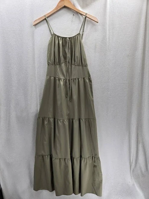 dress Boho Olive Green Tiered Maxi Dress Adjustable Straps & Ruched Tie Bust eBay - pickedoutfit $17.95