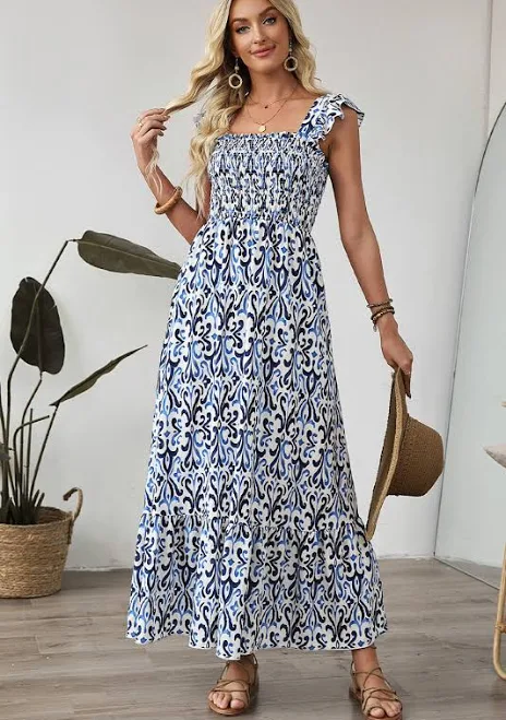 dress Boho Print Smocked High Waist Maxi Dress HannaBanna Clothing $21.77