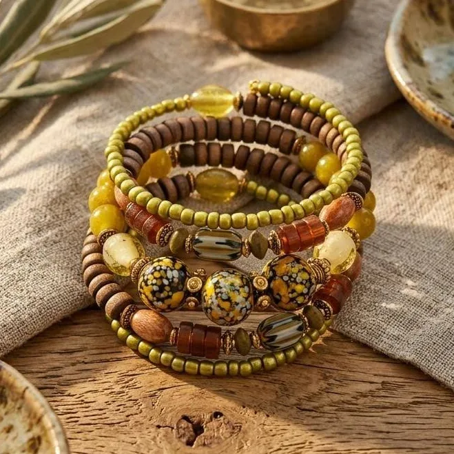 accessory Boho Wrap Bracelet Set with Natural Stone Wooden Beads Etsy - Seller $29