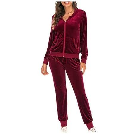 matching set Brnmxoke Women's Velour 2 Piece Long Sleeve Hooded Sweatsuit Sets Zip Up Drawstring Matching Sweatpants Outfit Walmart - Fall Prime Deals 2025 $40.99