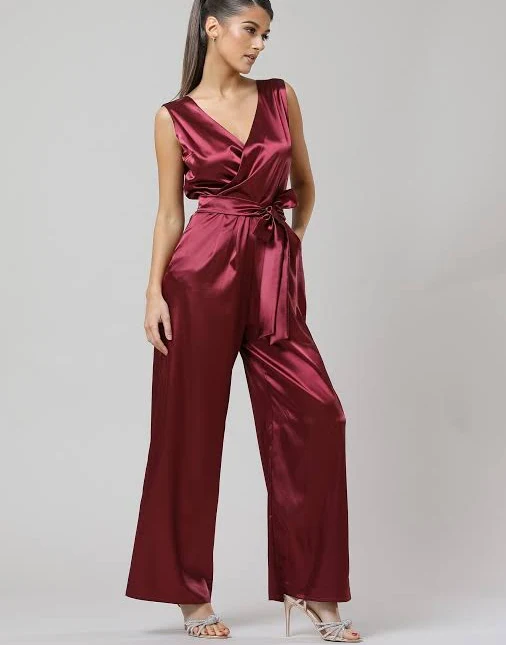 jumpsuit Burgundy Satin Jumpsuit, Wide Leg Sleeveless V-Neck Overalls Etsy - DesirVale $128.34