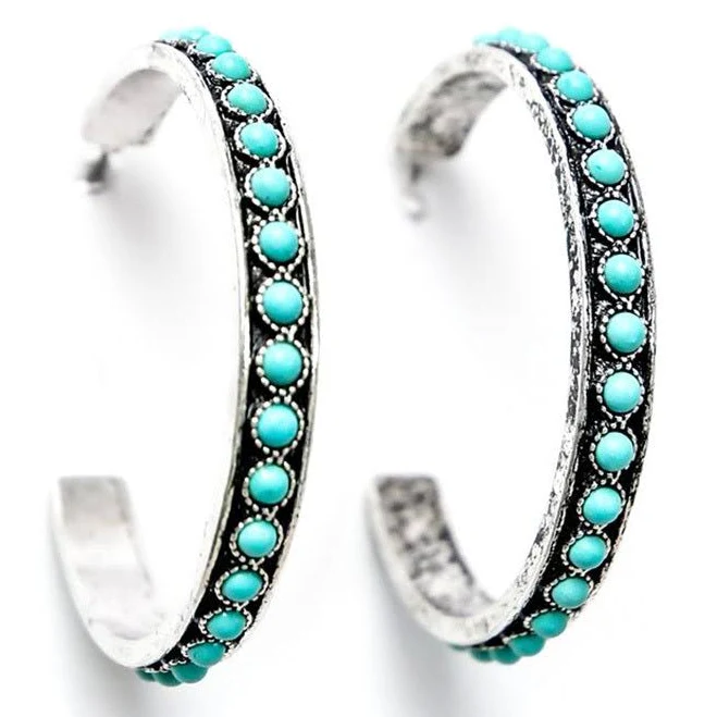 accessory Burnished Silver and Turquoise Hoop Earrings Rod's Western Palace $21.99