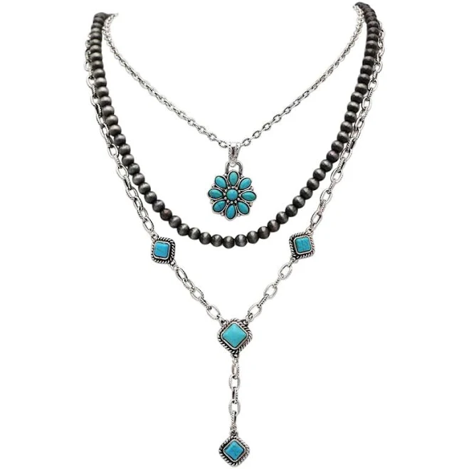 accessory Burnished Silver Western Layering Necklace Set with Turquoise Howlite and Navajo Pearl Rosemarie Collections $29.99
