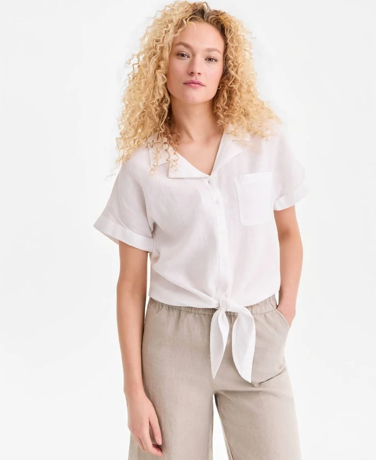 top Charter Club Women's Linen Tie-Front Shirt Macy's $34.75