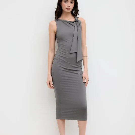 dress CIDER Knit Midi Dress Womens Ruched Asymmetrical Neck Bowknot Date Cider $27.92
