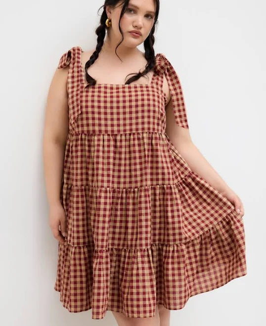 dress CIDER Women's Daily Casual Plus Size Mini Dress Cotton-Blend Gingham Tiered Ruffle Bowknot Woven Curve Cider $42.9