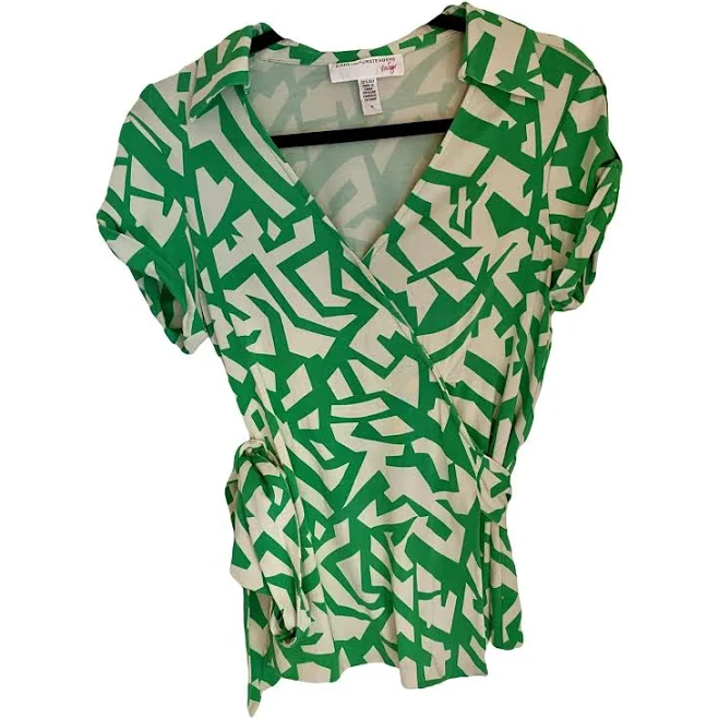 blouses Diane Von Furstenberg Green Silk Abstract Print Wrap Top Size 12 US Vestiaire Collective $67