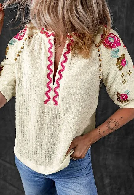 top Dropship Beige Floral Embroidered Ricrac Puff Sleeve Textured Blouse Dropship Clothes $16.33