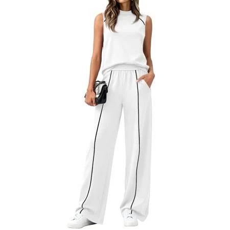 two piece set Dweltoz Two Piece Set for Women Sleeveless Mock Neck Casual Tops Lightweight Wide Leg Pants Fashion Travel Activewear,White L, Women's, Size: Large Walmart - Dweltoz $36.99