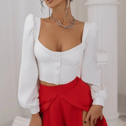 top ELAGIA Women's Puff-Sleeve Sweetheart Crepe Suit Blouse Elagia $85