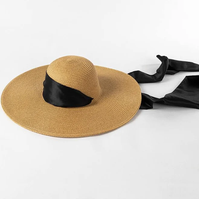 accessory Elegant Natural Straw Wide Brim Hat with Black Satin Scarf IUHAT $55