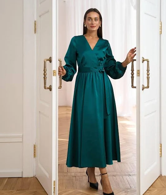 dress Elegant Satin Wrap Midi Dress Etsy - Seller $101.37