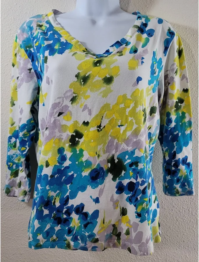 top Erin London White Blue Yellow Abstract Print V Neck Top Large eBay - resaletreasure $24