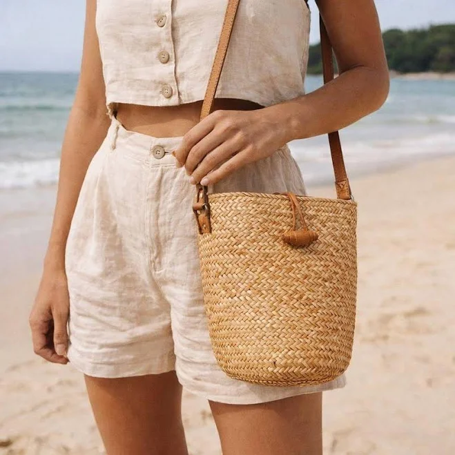 bag Faithfull The Brand Woven Straw Bucket Bag with Leather Crossbody Strap, Natural Tan Depop $75
