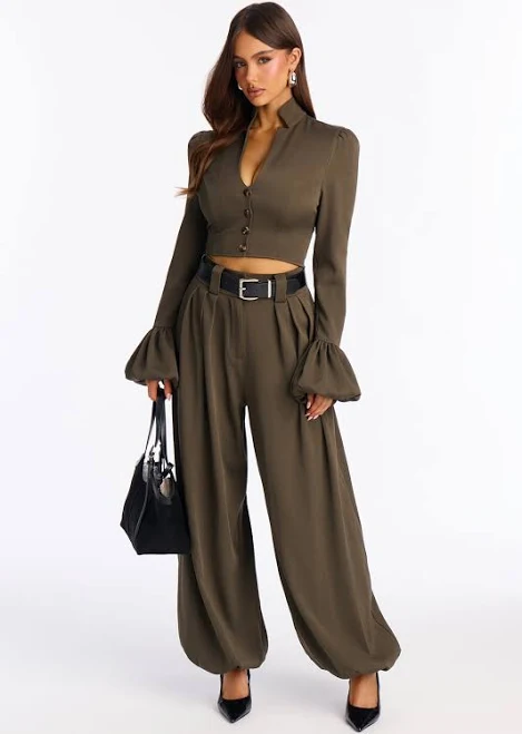 matching set Fashion Nova Cropped Long Sleeve Twill Pant Set Fashion Nova $59.99