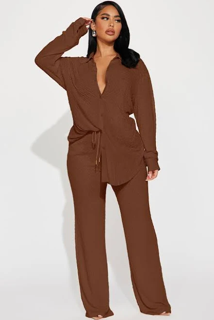outfits Fashion Nova Long Sleeve Button Up Shirt Wide Leg Pant Set Fashion Nova $37.99
