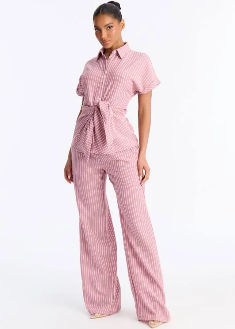 outfits Fashion Nova Tie Front Linen Button Up Shirt and Wide Leg Pant Set Fashion Nova $15.98