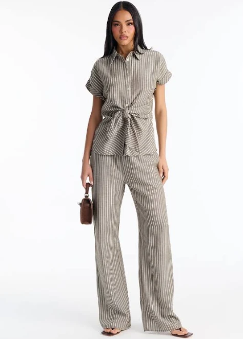 outfits Fashion Nova Tie Front Linen Button Up Shirt and Wide Leg Pant Set Fashion Nova $39.99