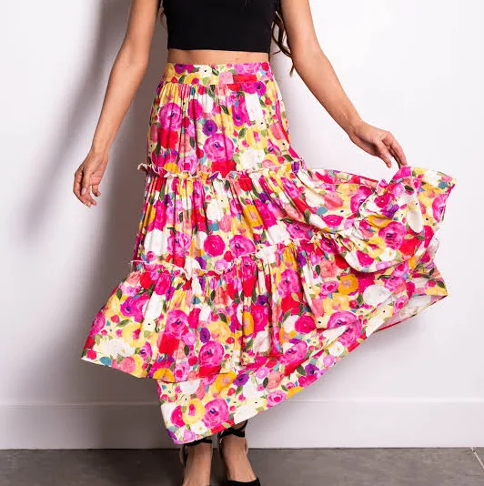 skirt Floral Print Tiered Maxi Skirt Lime Lush $24.95