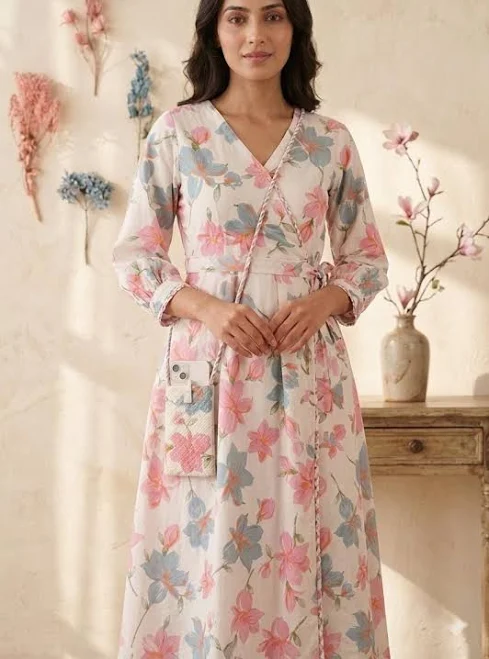 dress Floral V-Neck Tea Length Wrap Dress Etsy - Seller $25.26
