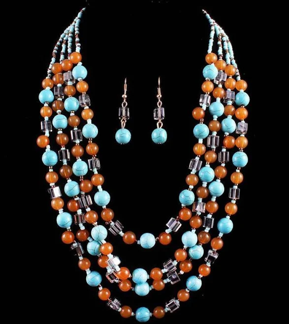 accessory Four Layers Turquoise And Caramel Stone Bead Glass Seed Bead Necklace eBay - 77rula $15.65