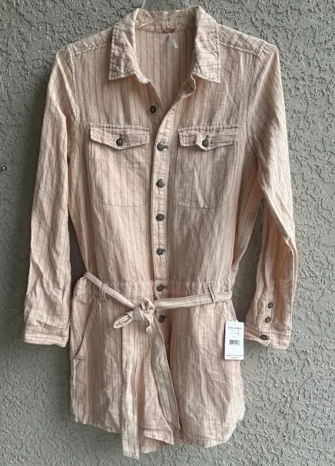 romper Free People Romper Short Peach Linen Blend Button Up Belted Pockets eBay - tuesdayshack $78