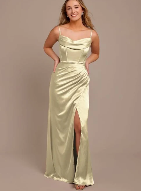 dress Galina Signature Charmeuse Cowl Spaghetti Strap Dress in Champagne | Size: 26 | David's Bridal David's Bridal $229.95