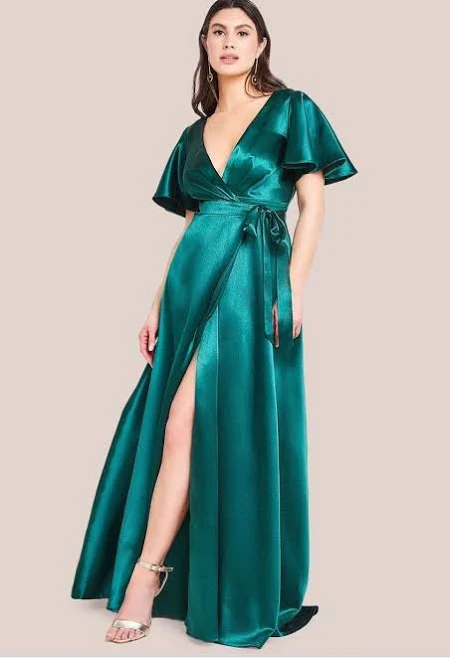 dress Goddiva Flutter Sleeve Wrapover Satin Maxi Dress Goddiva US $38