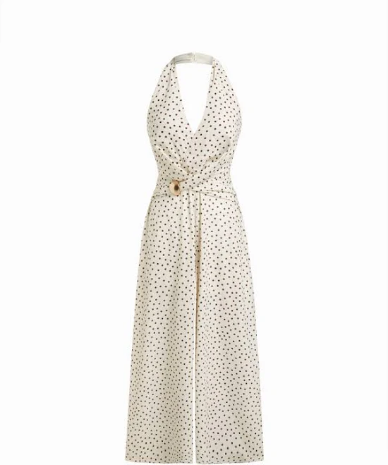 polka dots outfits Halter Neckline Polka Dot Wide Leg Jumpsuit Cider $44.9