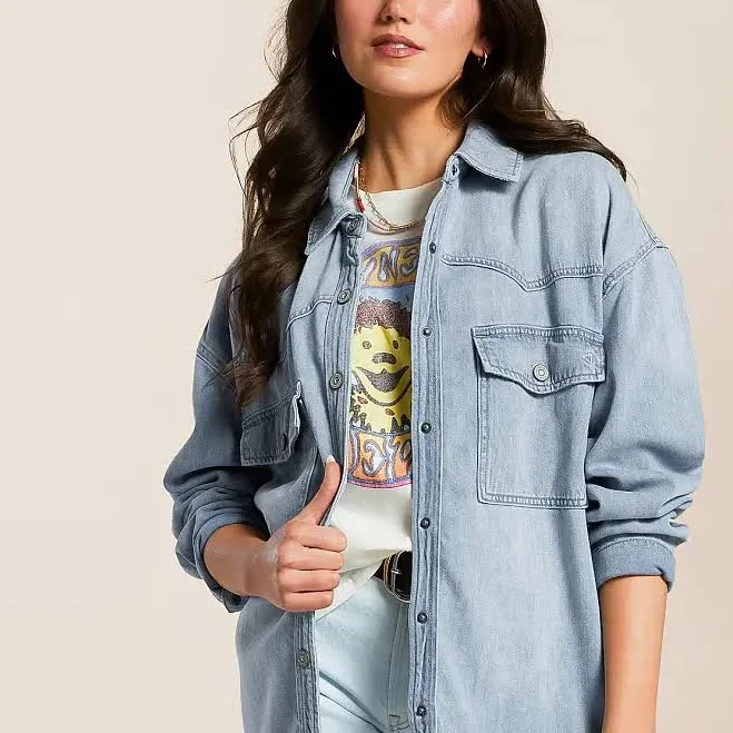 outerwear Hidden Cotton Washed Denim Shacket Buckle $69.99