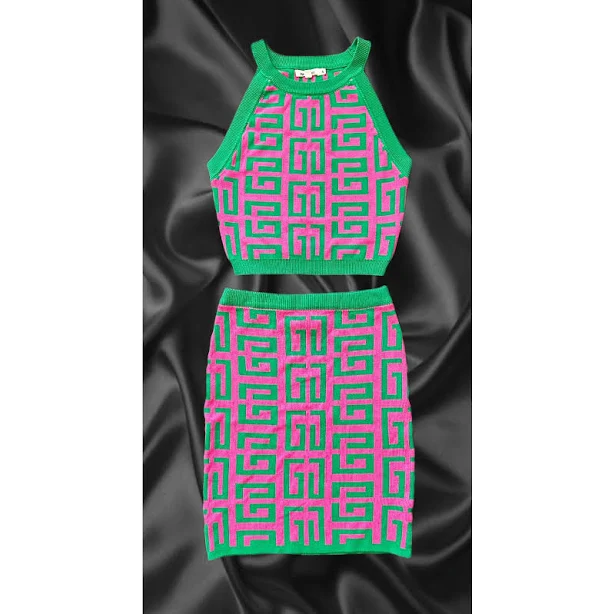 matching set Immodel Women's Geometric Greek Key Knit Crop Top and Mini Skirt Set Poshmark $36