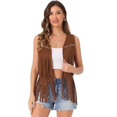 vest Inspire Chic Women's 70s Western Open Front Faux Suede Fringe Vest Target $29.99