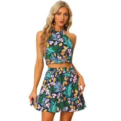 two piece set Inspire Chic Women's Floral Halter Neck Crop Top and Skirt Set Target $35.99