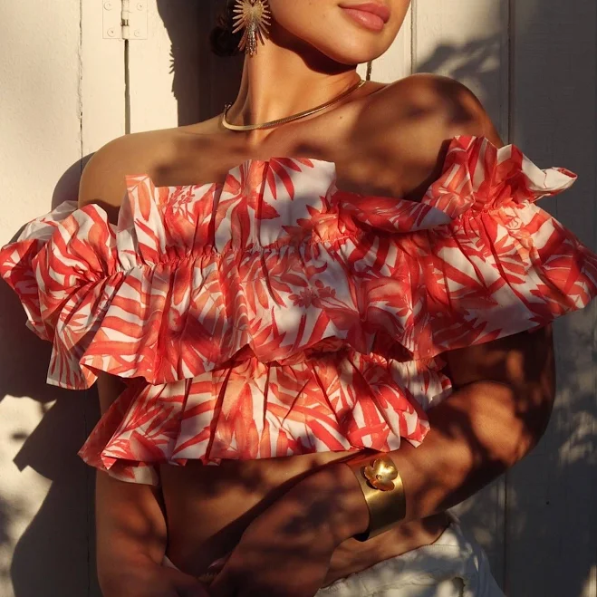 blouses 'IXora' Off The Shoulder Ruffled Vacation Blouse Scarlette The Label $24.99