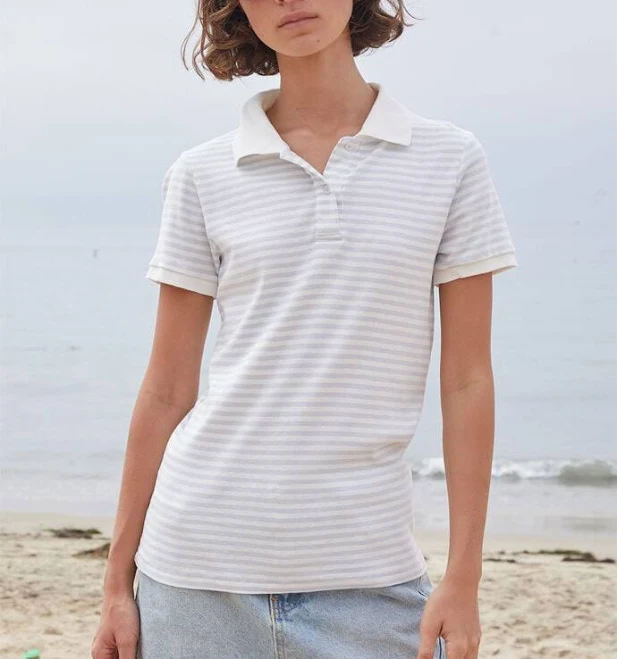 top John Galt Women's White & Light Blue Striped Polo Shirt in White/Light Blue PacSun $23