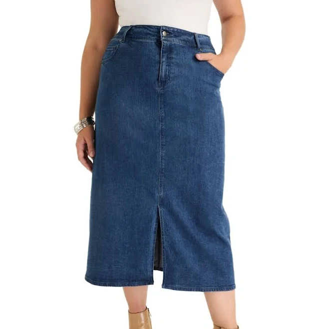 skirt June & Vie Women's Plus Size Front-Slit Denim Midi Skirt Macy's $52.49