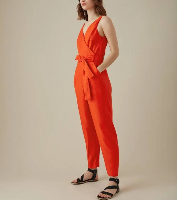 jumpsuit Karen Millen Orange Cinched Waist V Neck Linen Blend Jumpsuit, UK 10 / Medium / Orange House Of Huntington $55