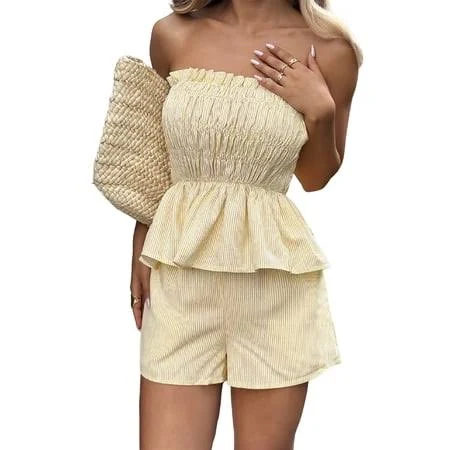 matching set Katigan Women'S 2 Piece Striped Shirred Ruffle Strapless Bandeau Tops and Shorts Set Yellow L, Size: Large Walmart - Tidecus $28.79