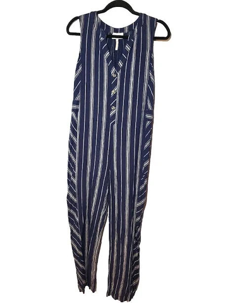 jumpsuit Laundry Blue White Stripe Wide Leg Button Front Jumpsuit Linen Blend eBay $20