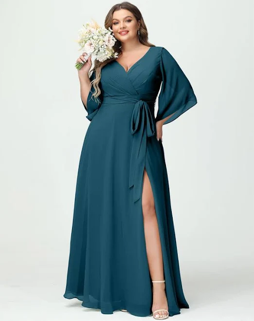 dress Lavetir Line/Princess V-Neck Long Sleeves Chiffon Split Side Plus Size Bridesmaid Dresses With Pockets Belt 2026 Lavetir $89.99