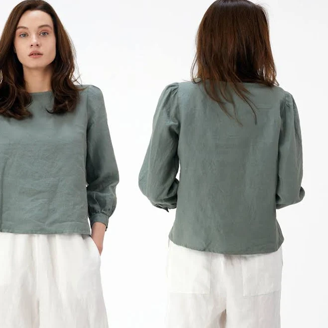 top Linen Boat Neckline 3/4 Puffed Sleeve Top Etsy - Linenia $60