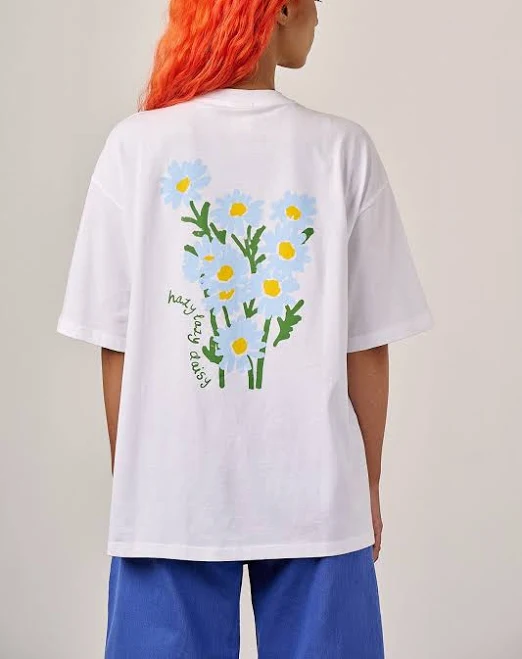 top Lucy & Yak Benny Oversized Cotton T-Shirt in White Hazy Lazy Daisy Print Lucy & Yak $49