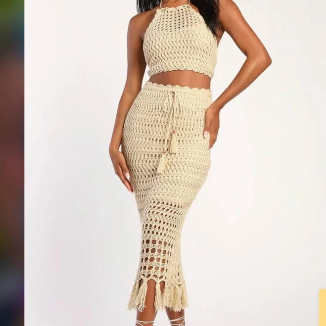 matching set Lulus Skirts | Crochet Dress. Lulus Knit The Beach Beige Halter Two-Piece Midi | Color: Cream/Tan | Size: S | Sanieismaili's Closet Poshmark $75
