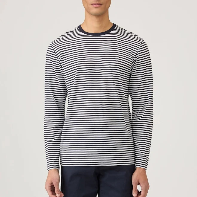 top Men's Sunspel Long Sleeve Classic T-shirt in White/Navy English Stripe Sunspel $120