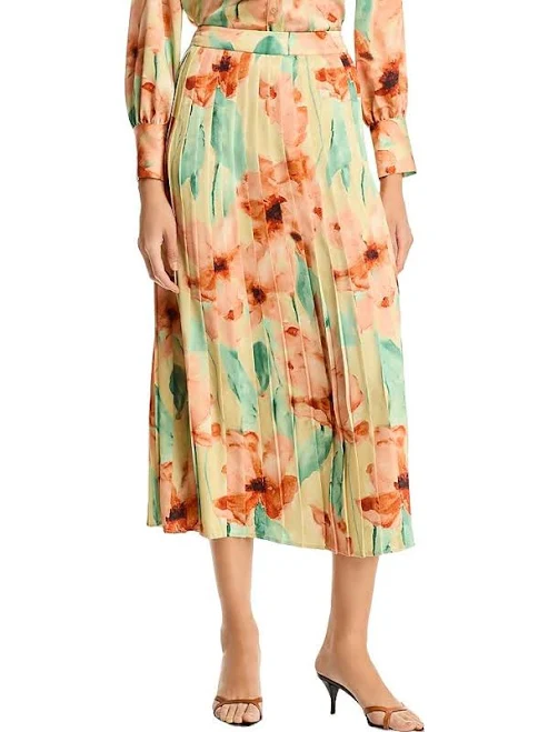 skirt Misook Floral Pleat Crepe De Chine Skirt - Sunglow/amber Glow/fresh Mint/mystic Gre Editorialist $248