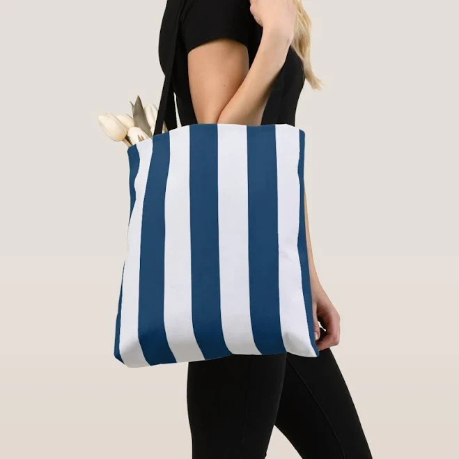 bag Navy Blue Stripes, White Stripes, Striped Pattern Tote Bag Zazzle $27.04