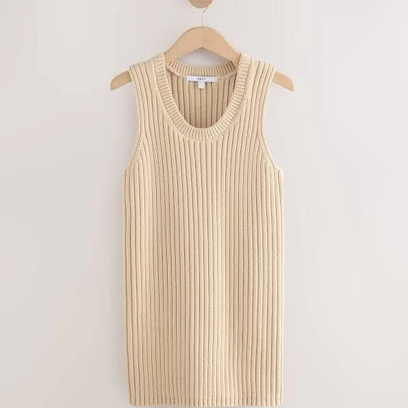 top Next Beige Stone Women's Ribbed Knitted Cotton Crew Neck Tank Next USA $25
