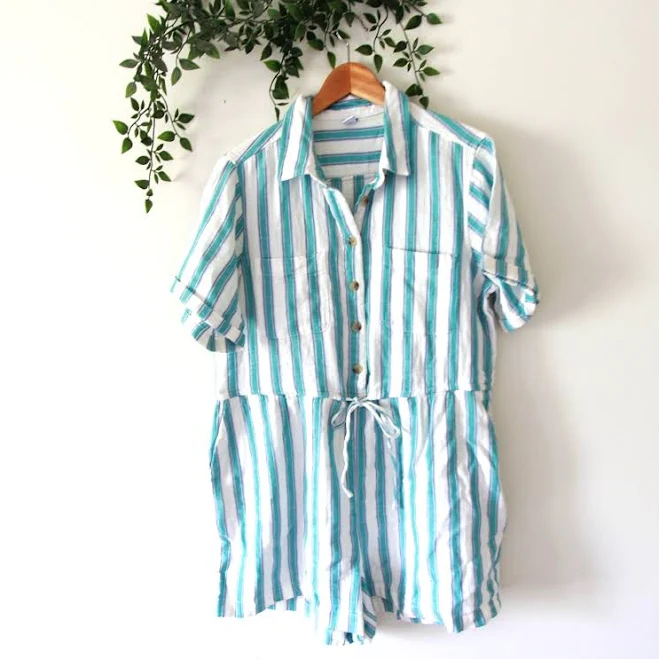 romper Old Navy Women's Blue White Striped Short Sleeve Tie Waist Romper Size eBay - dirt_road_trading $15.97