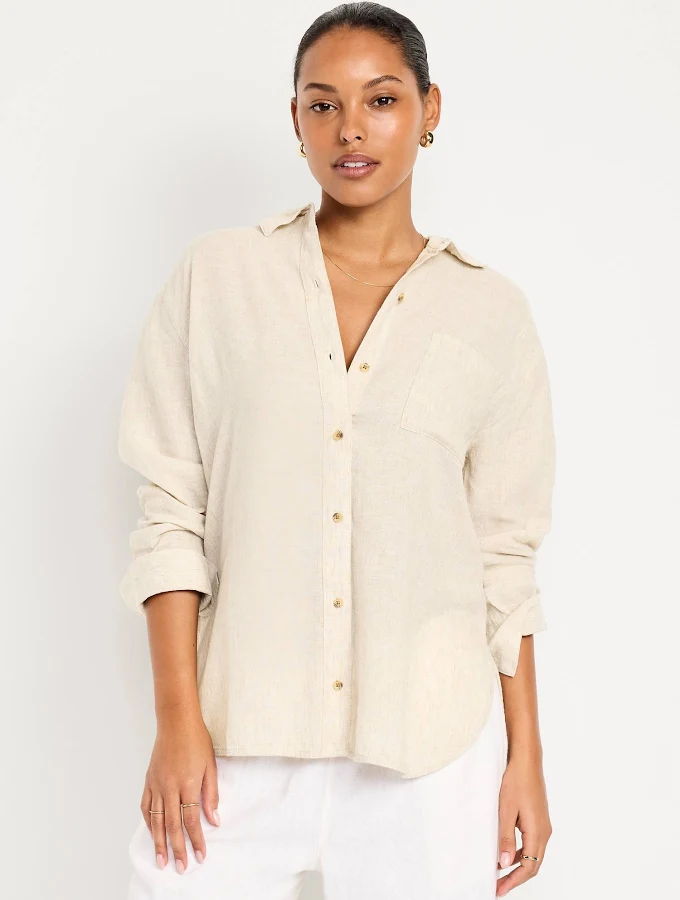 outerwear Old Navy Women's Linen-Blend Loose Button-Down Shirt Old Navy $26.99
