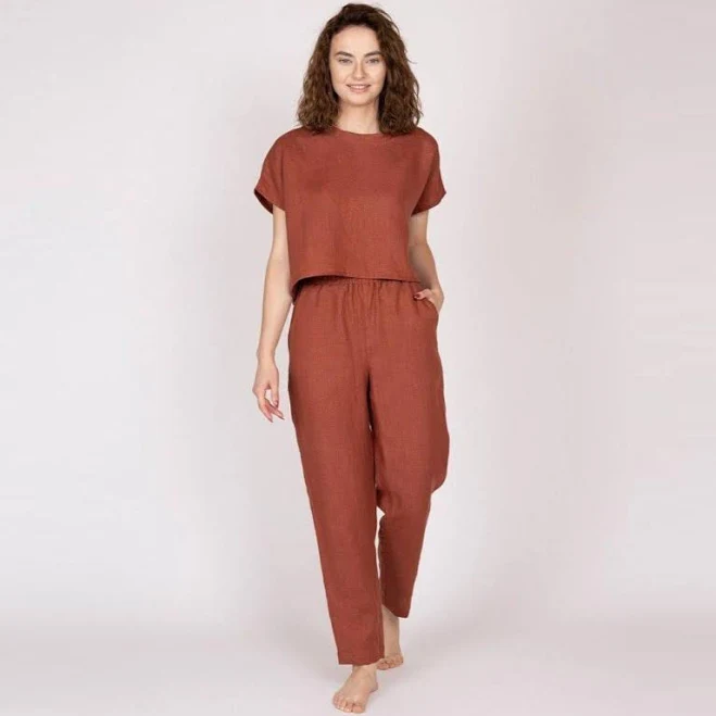 matching set olivaart Belgian Linen Relaxing Set - Women's Top & Pants - Terracotta Matching Sets for Woman - 30 Colors Etsy - Seller $105